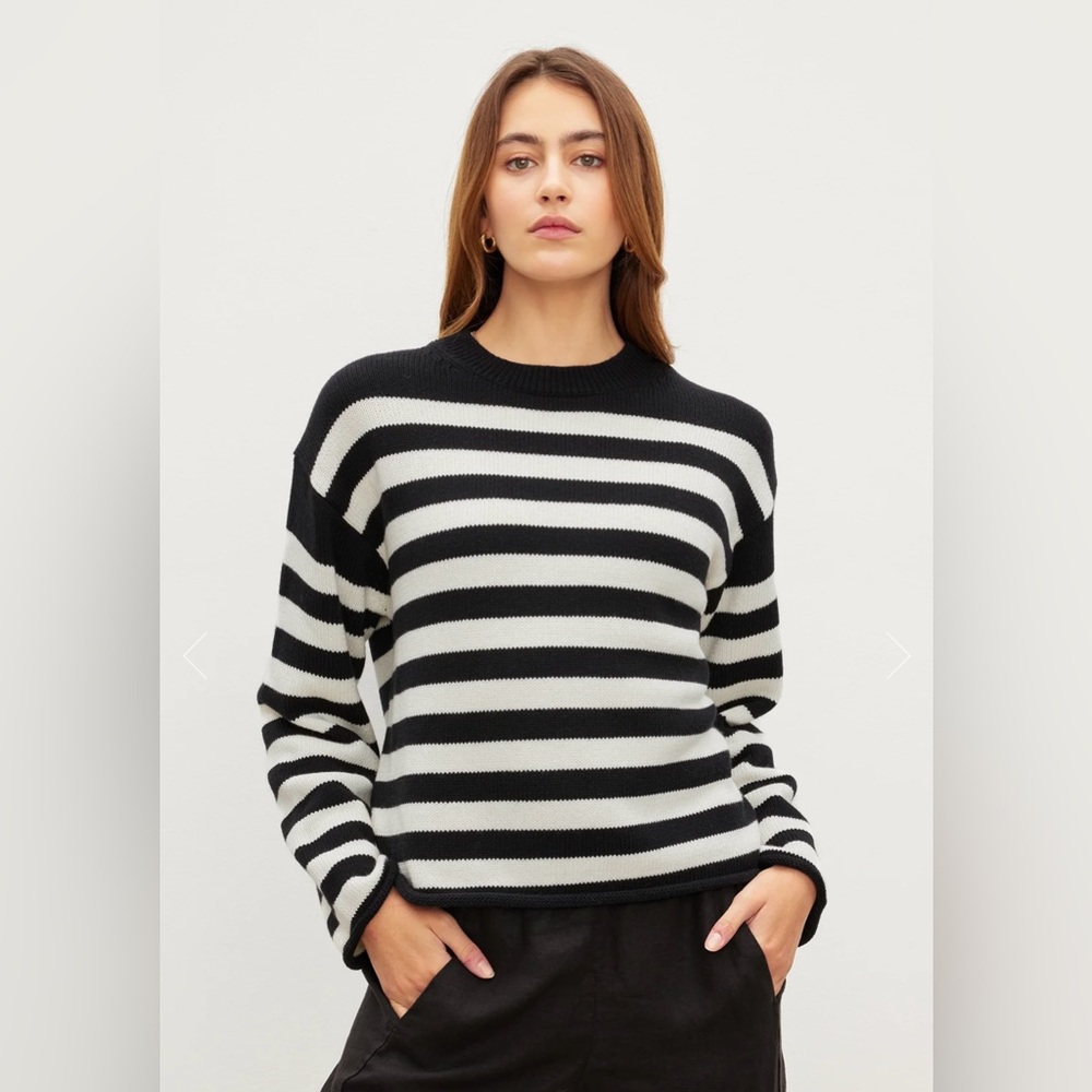Velvet by Graham & Spencer navy cream stripe cotton and cashmere sweater